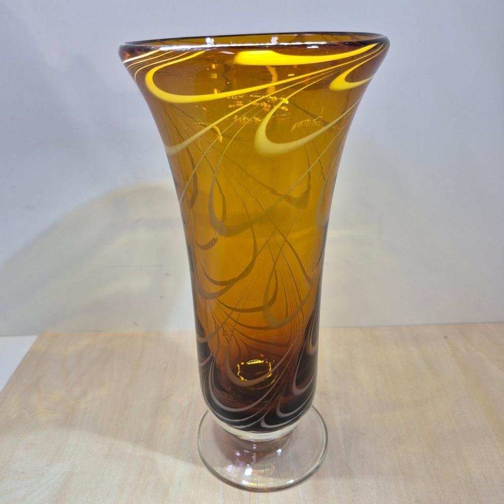 Vintage Amber Art Glass Vase White Swirl Pulled Feather Trumpet Vase 9.5 inch